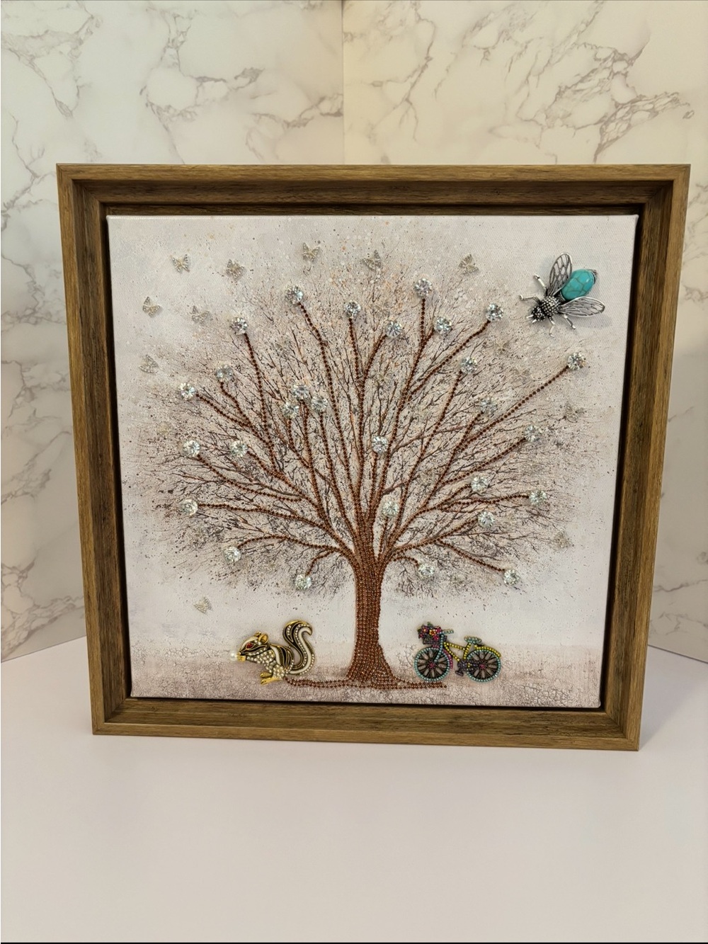 Framed Beaded Tree Wall Art with Decorative Accents